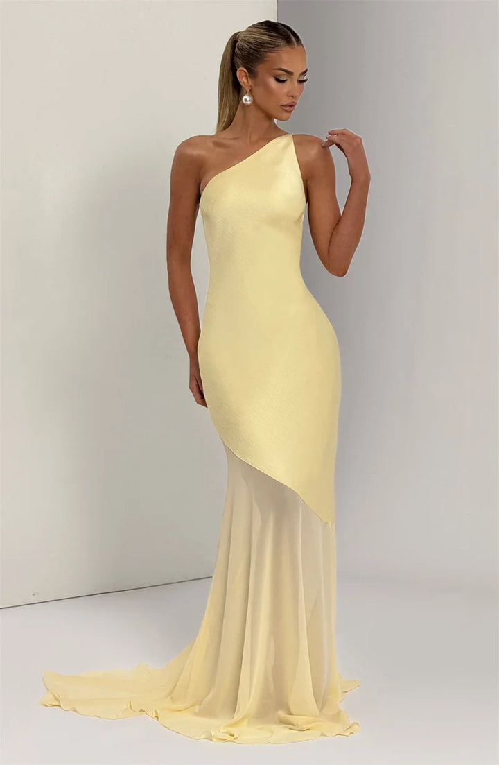 Maddy One-Shoulder Yellow Evening Gown with Sheer Hem