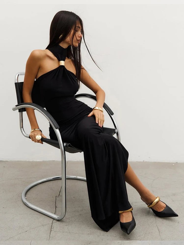 Stefanie Elegant Black Halter Neck Evening Gown