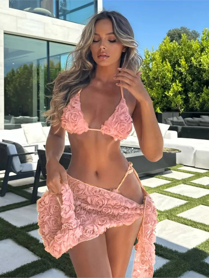 Farina Rosé Bloom 3D Floral Bikini Set with Skirt