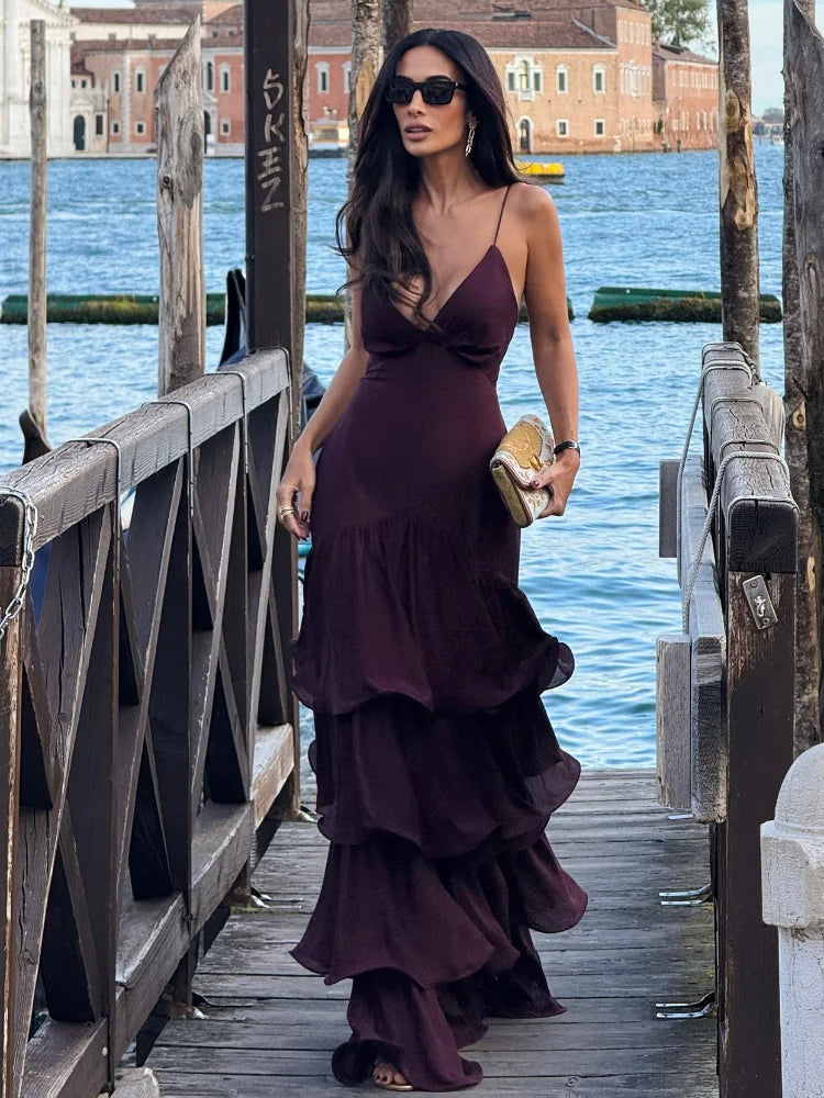 Velvet Sunset Ruffle Maxi Dress