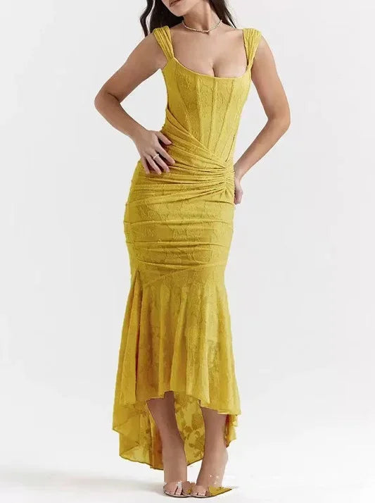 Wilma Ruched Lace Midi Evening Dress