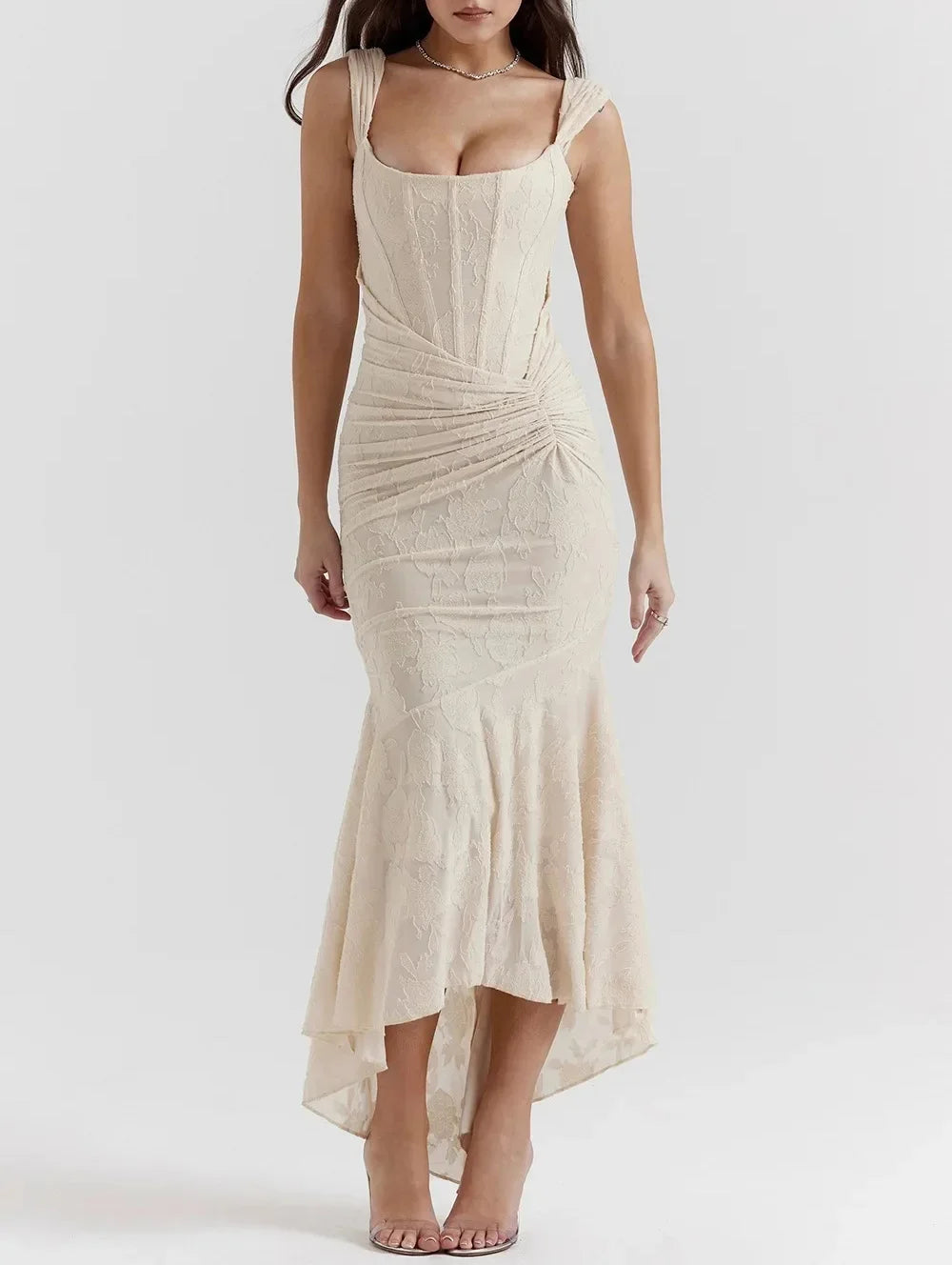 Wilma Ruched Lace Midi Evening Dress