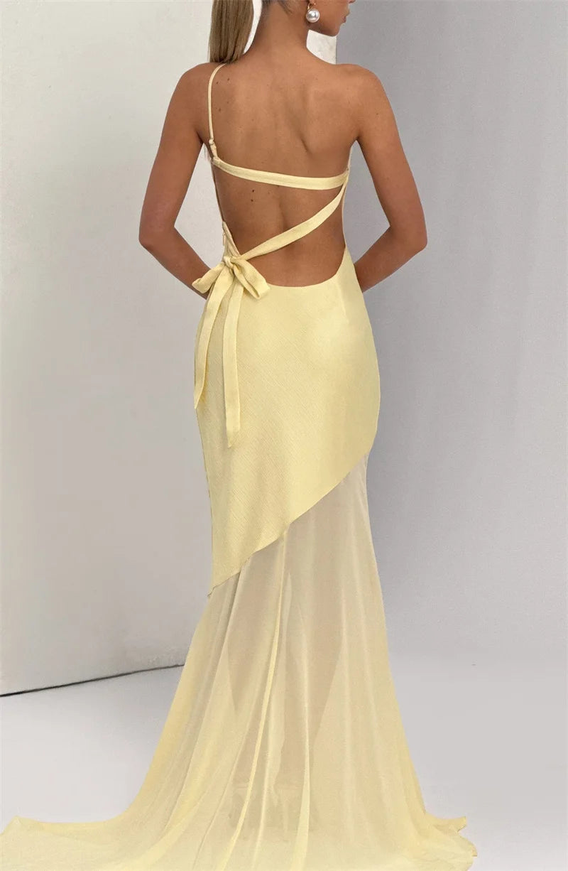 Maddy One-Shoulder Yellow Evening Gown with Sheer Hem