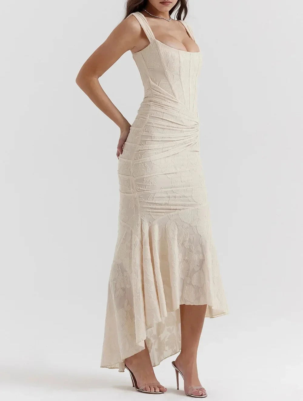 Wilma Ruched Lace Midi Evening Dress