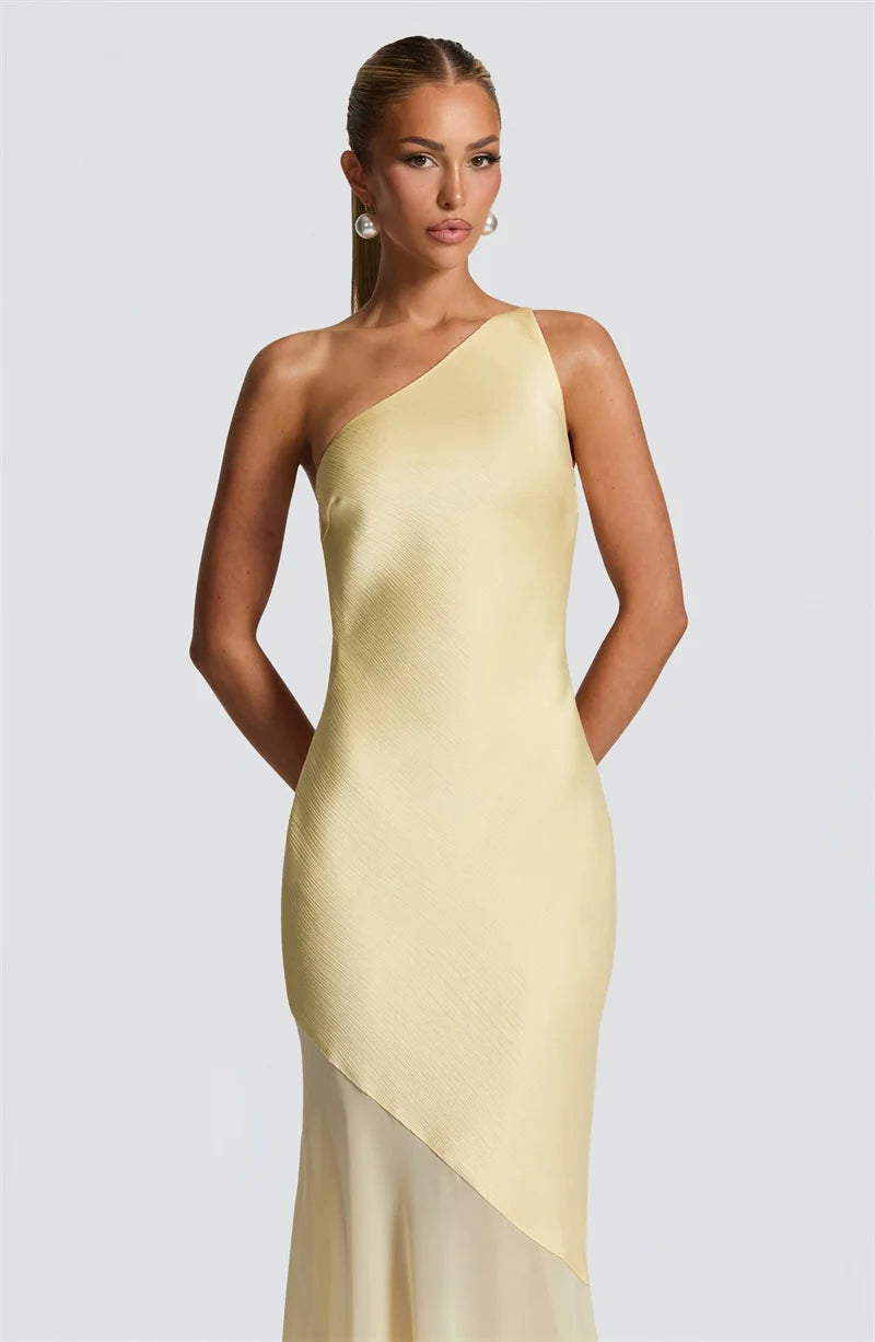 Maddy One-Shoulder Yellow Evening Gown with Sheer Hem