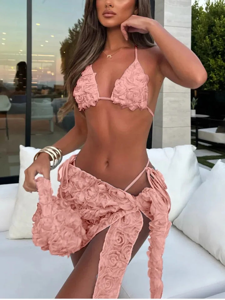 Farina Rosé Bloom 3D Floral Bikini Set with Skirt