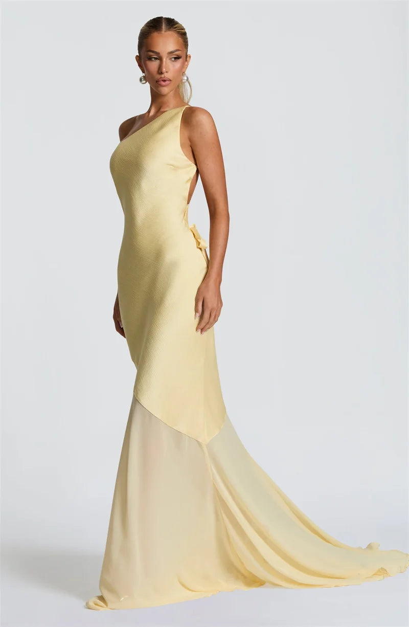 Maddy One-Shoulder Yellow Evening Gown with Sheer Hem