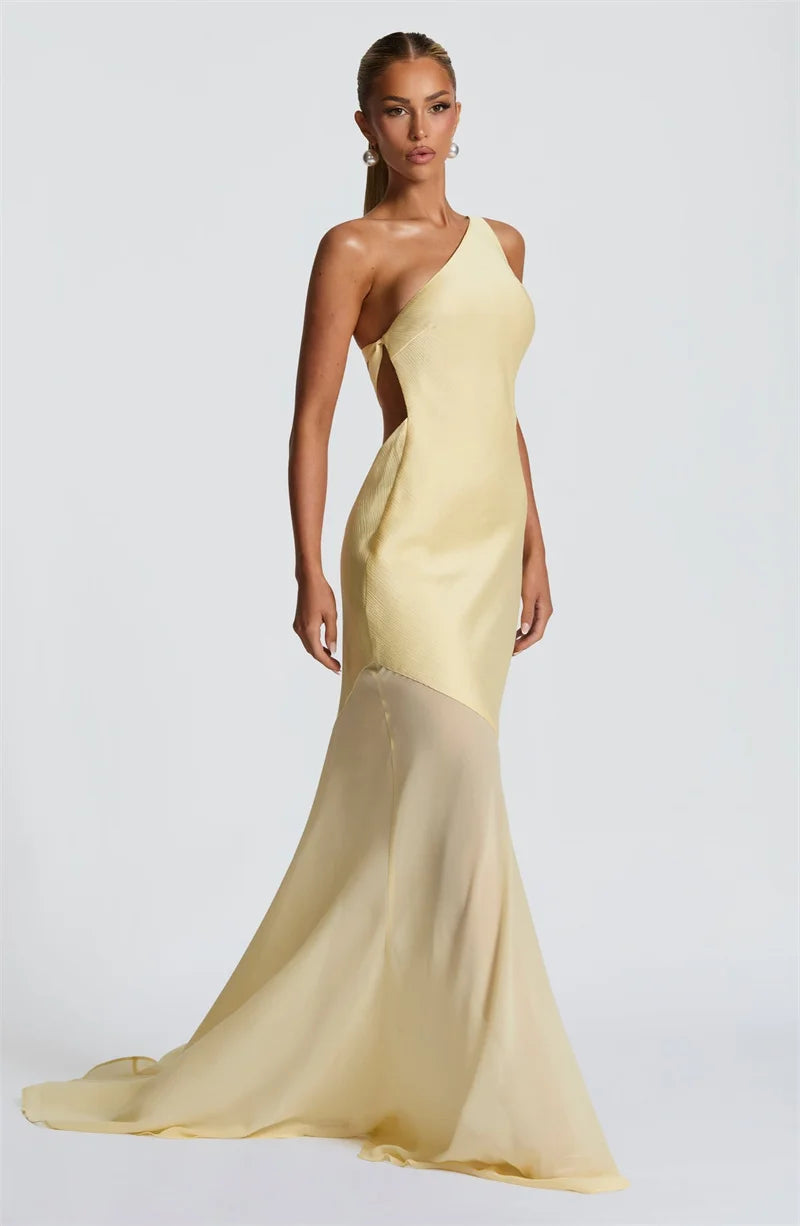 Maddy One-Shoulder Yellow Evening Gown with Sheer Hem