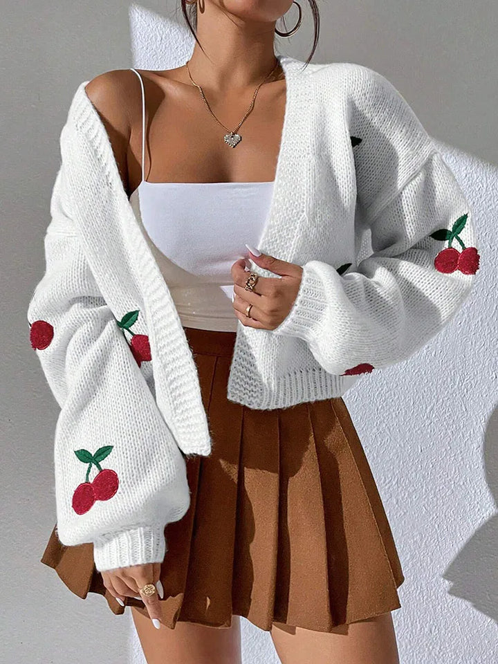 Nicci Cherry Embroidered Knit Cardigan