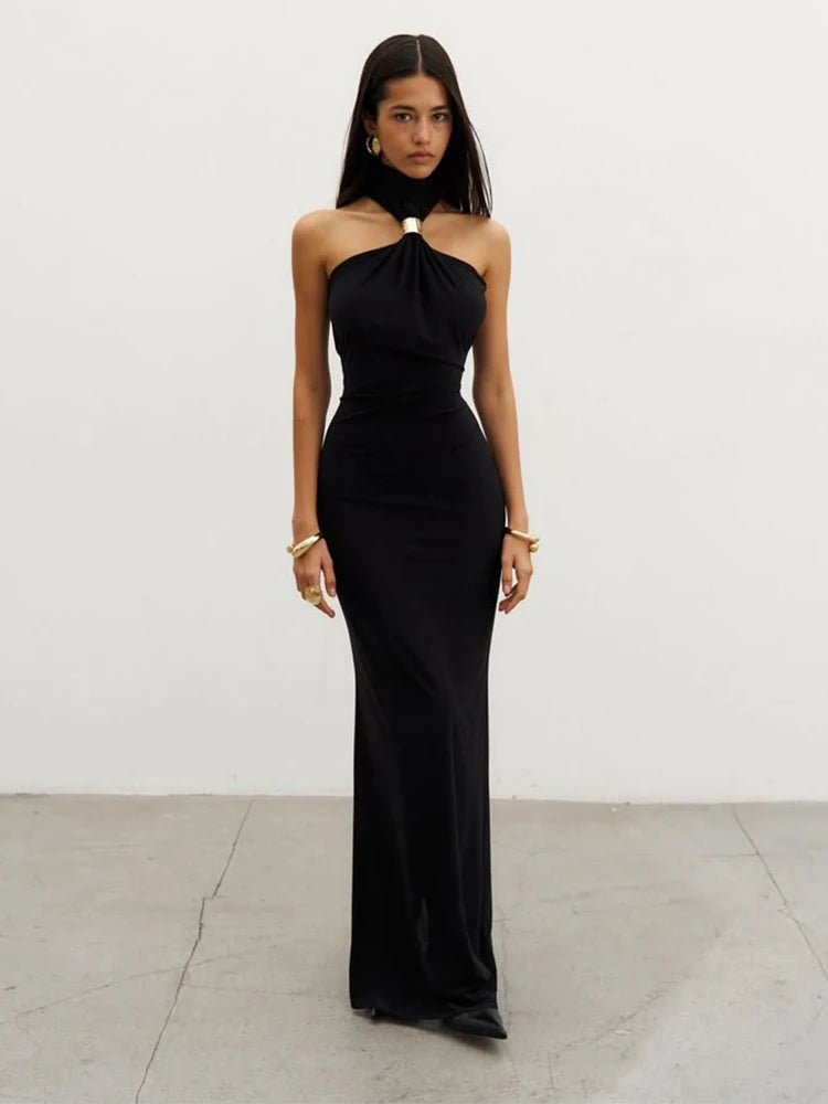 Stefanie Elegant Black Halter Neck Evening Gown