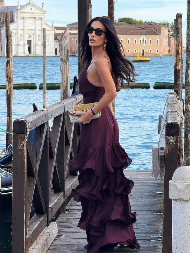 Velvet Sunset Ruffle Maxi Dress