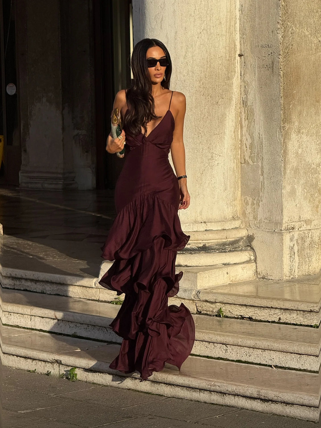 Velvet Sunset Ruffle Maxi Dress