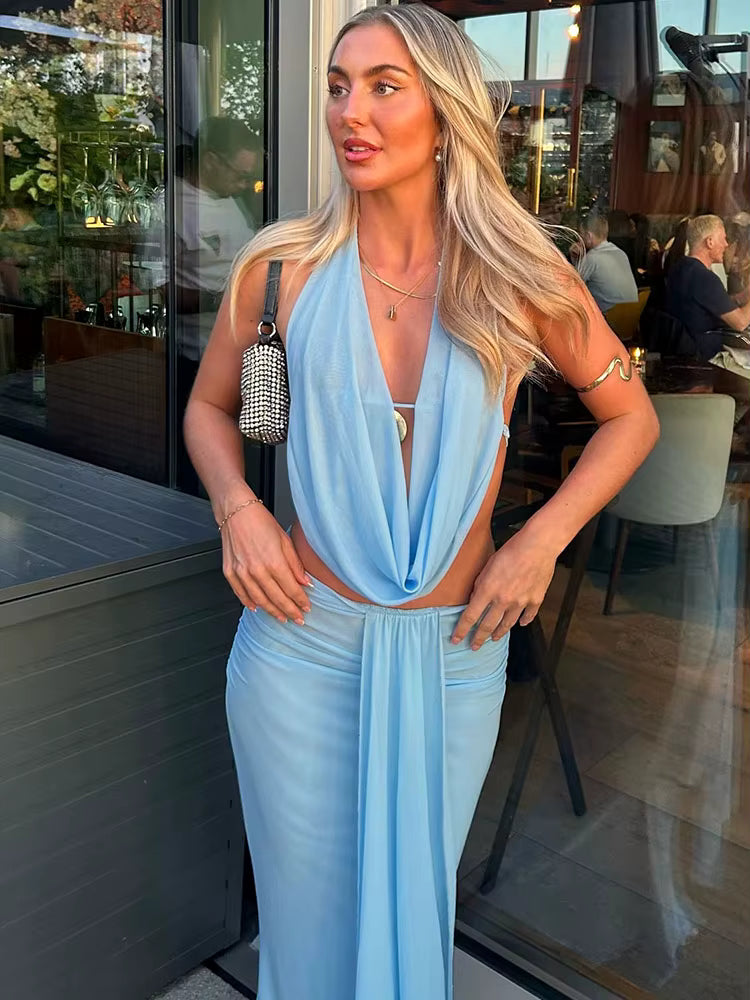 Onna Sky Blue Halter Top & Maxi Skirt Set