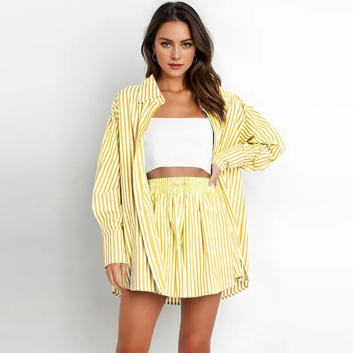 TIFY™ – Chic Striped Collared Shirt with Wide-Leg Shorts Set
