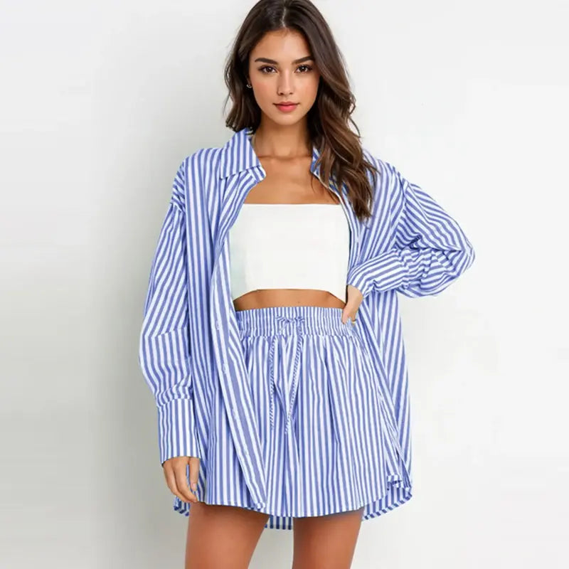 TIFY™ – Chic Striped Collared Shirt with Wide-Leg Shorts Set