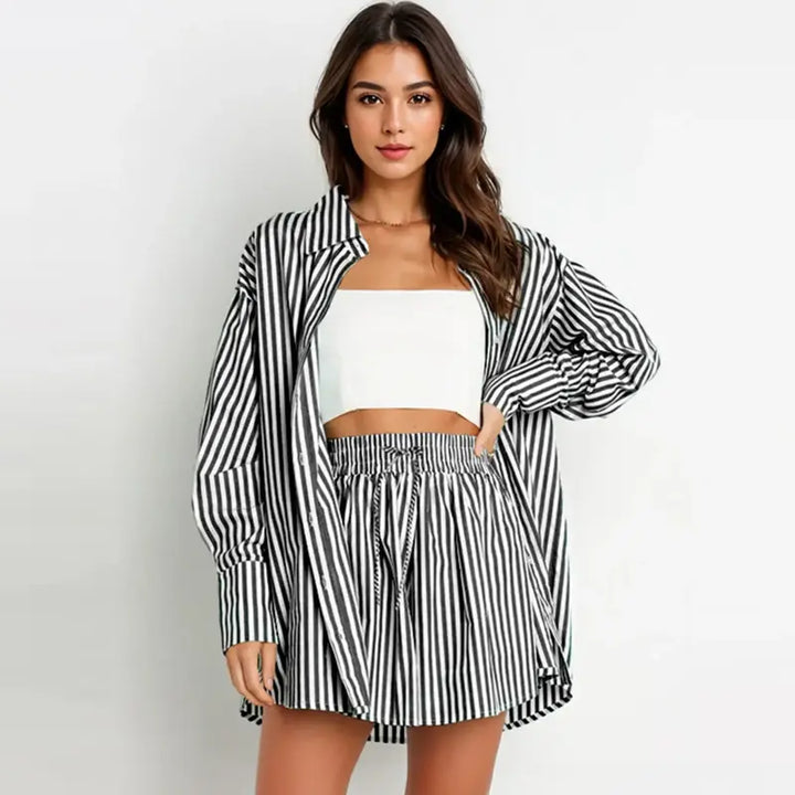 TIFY™ – Chic Striped Collared Shirt with Wide-Leg Shorts Set