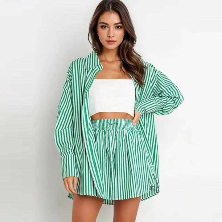 TIFY™ – Chic Striped Collared Shirt with Wide-Leg Shorts Set